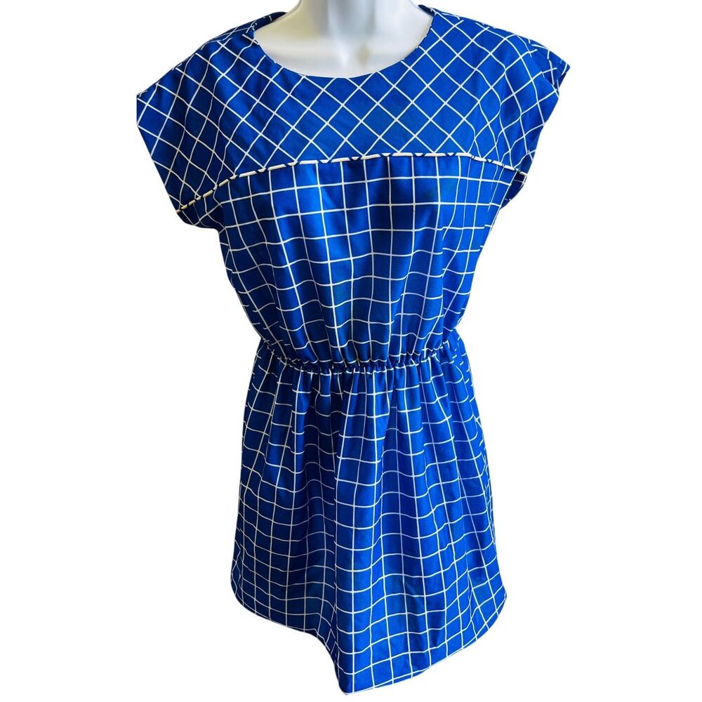 Vintage ILGWU Union Made Blue Grid Dress USA Size 8 80s Mod Minimalist